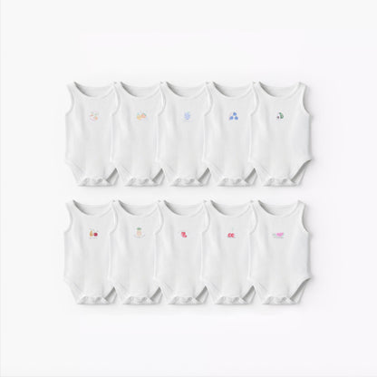 Pack of 10 Juniors Round Neck Sleeveless Bodysuit with Fruits Print - White / 12-18 mths
