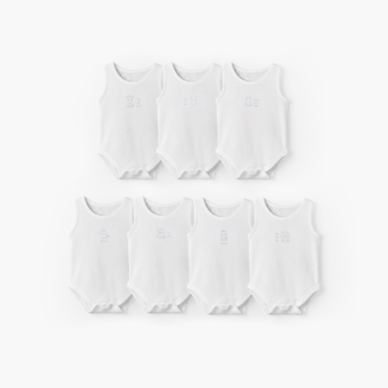 Pack of 7 Juniors Cotton Round Neck Sleeveless Bodysuit with Ribbed Design - White / 12-18 mths