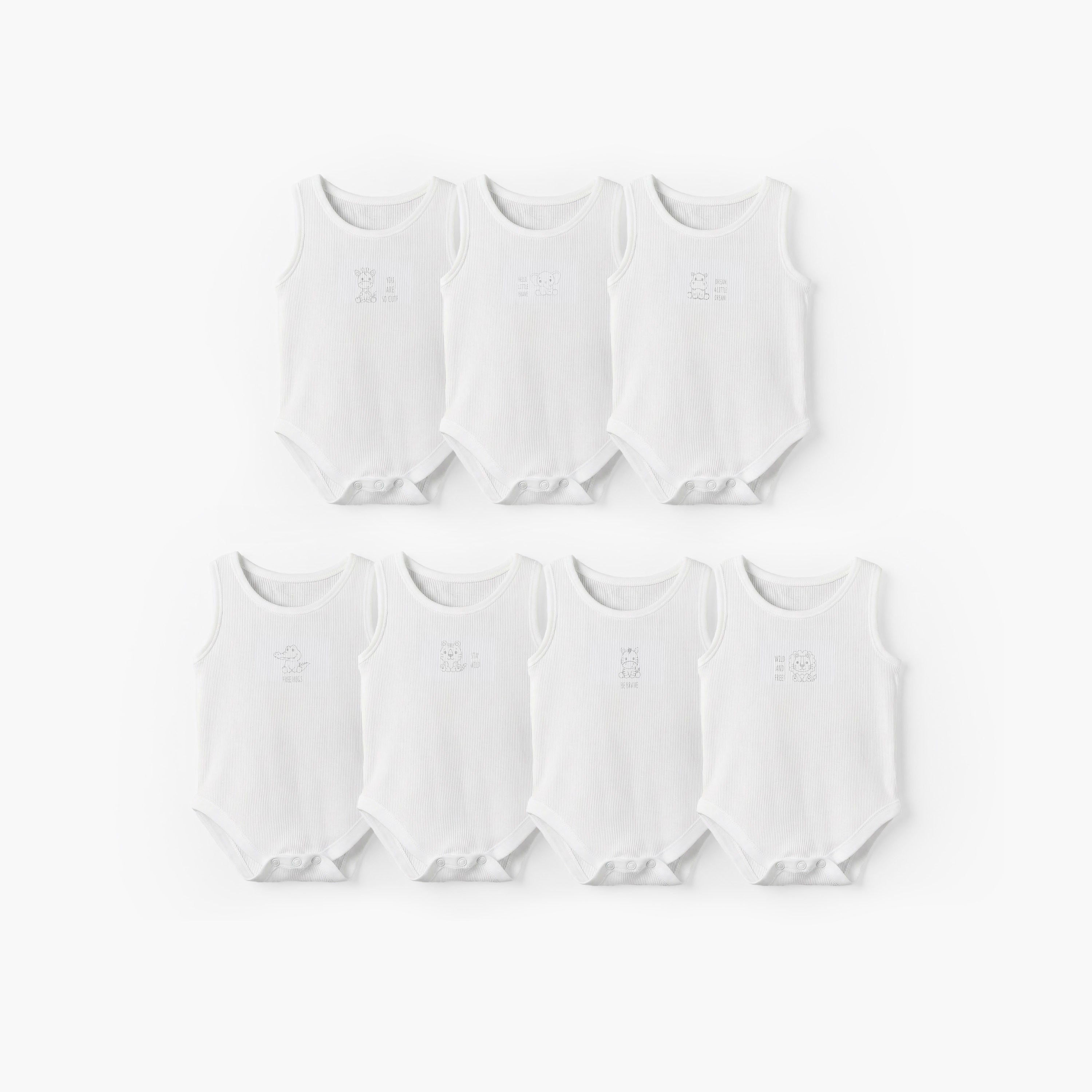 Pack of 7 Juniors Cotton Round Neck Sleeveless Bodysuit with Ribbed Design