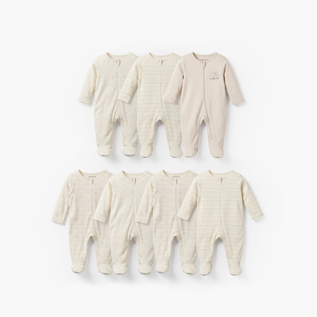 Pack of 7 Juniors Cotton Round Neck Long Sleeves Sleepsuit with Zip Closure - Beige / 12-18 mths