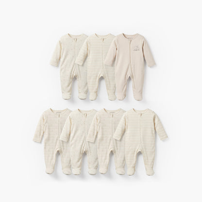 Pack of 7 Juniors Cotton Round Neck Long Sleeves Sleepsuit with Zip Closure - Beige / 12-18 mths