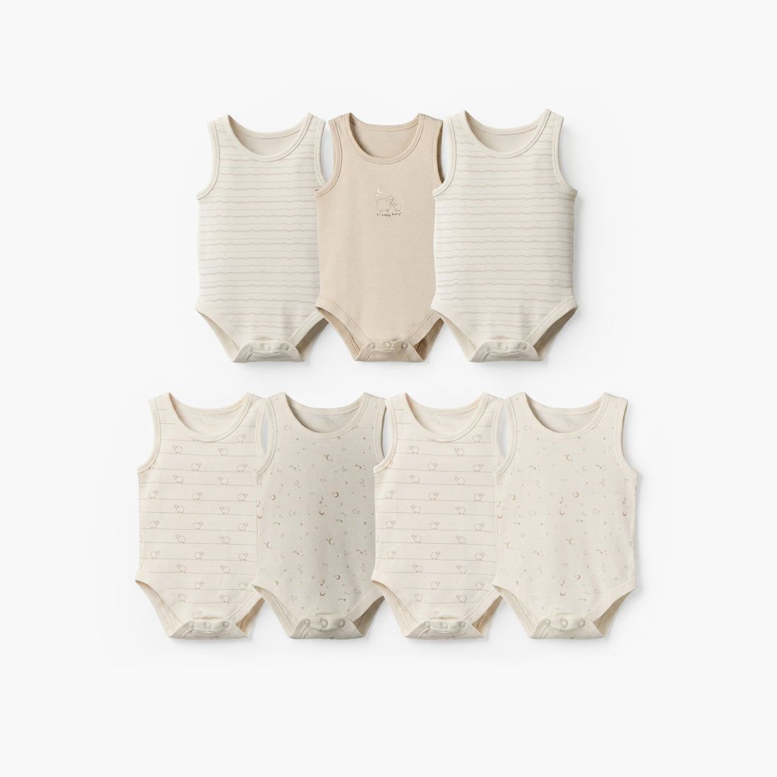 Pack of 7 Juniors Cotton Round Neck Sleeveless Bodysuit with Snap Button Closure - Beige / 18-24 mths