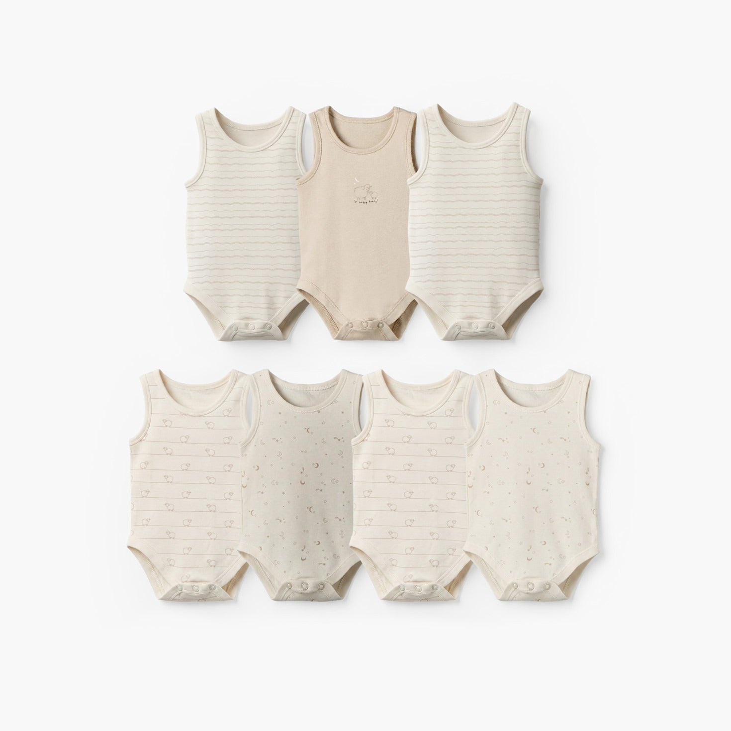 Pack of 7 Juniors Cotton Round Neck Sleeveless Bodysuit with Snap Button Closure - Beige / 18-24 mths