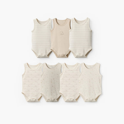 Pack of 7 Juniors Cotton Round Neck Sleeveless Bodysuit with Snap Button Closure - Beige / 18-24 mths