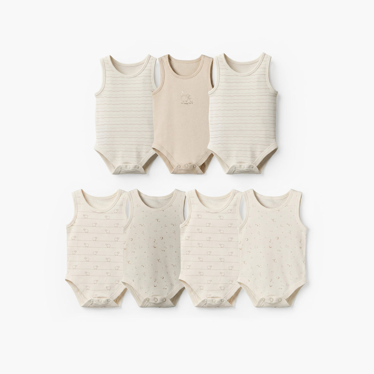 Pack of 7 Juniors Cotton Round Neck Sleeveless Bodysuit with Snap Button Closure
