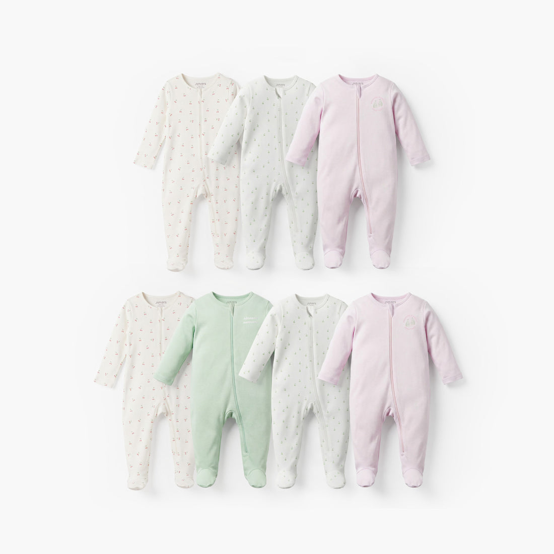Pack of 7 Juniors Cotton Round Neck Long Sleeves Sleepsuit with Zip Closure - Multicolour / 12-18 mths