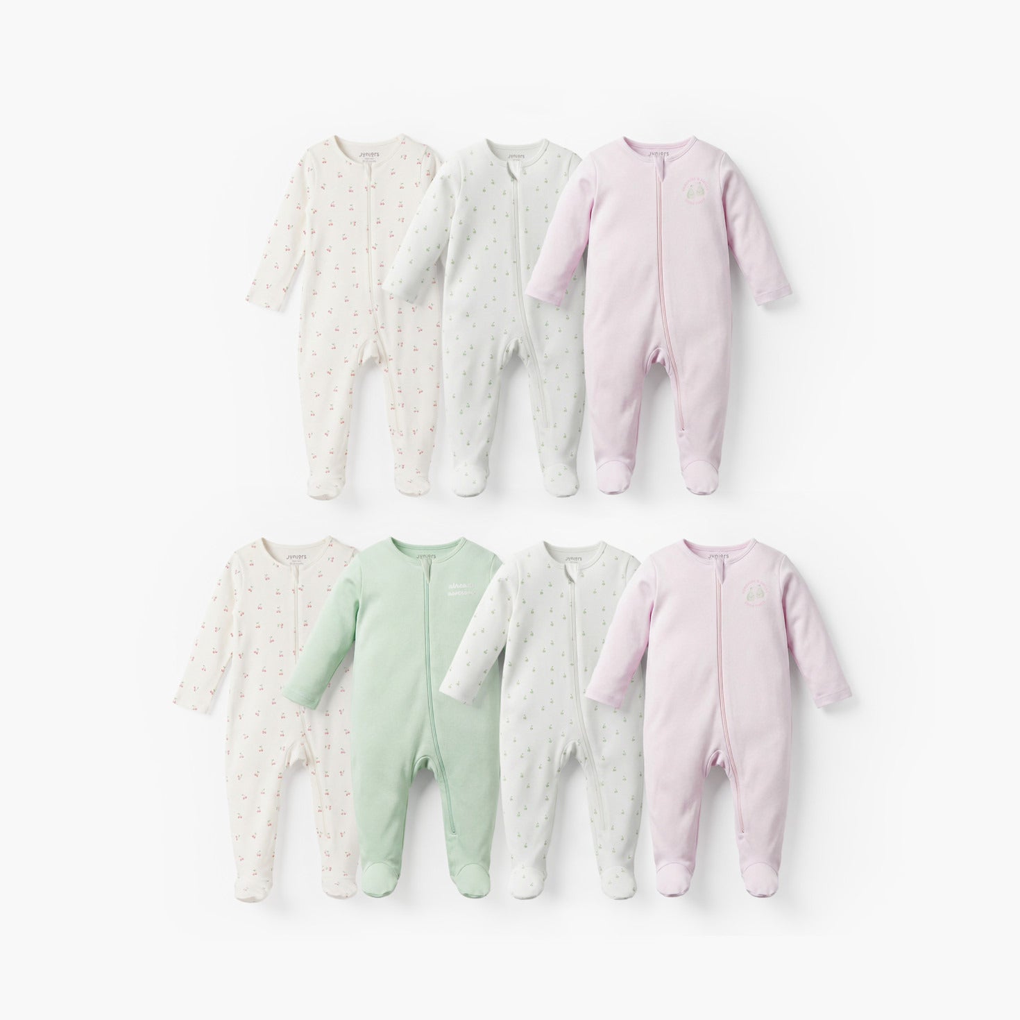 Pack of 7 Juniors Cotton Round Neck Long Sleeves Sleepsuit with Zip Closure - Multicolour / 12-18 mths