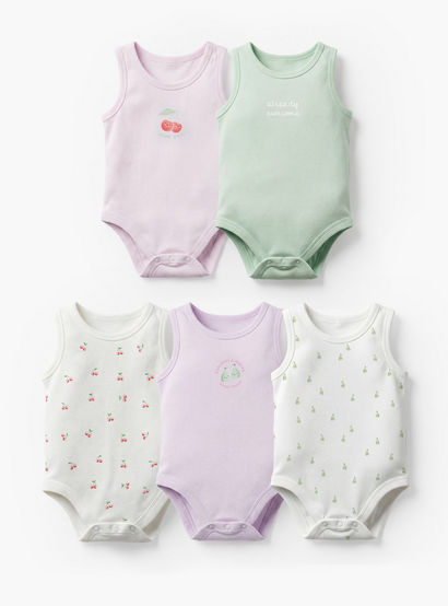 Pack of 5 Juniors Cotton Crew Neck Sleeveless Bodysuit with Snap Button Closure-baby-girls-clothing-bodysuits-image-1