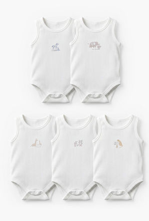 Pack of 5 Juniors Crew Neck Sleeveless Bodysuit with Safari Print