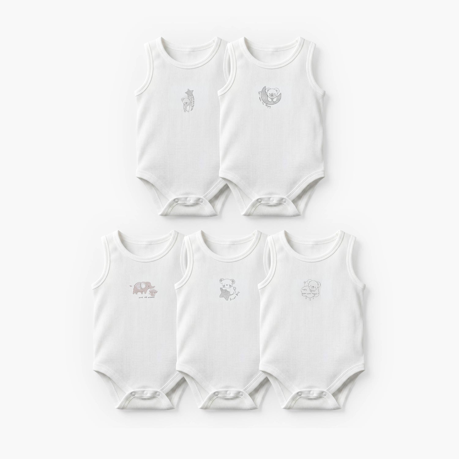 Pack of 5 Juniors Crew Neck Sleeveless Bodysuit with Print - White / 18-24 mths