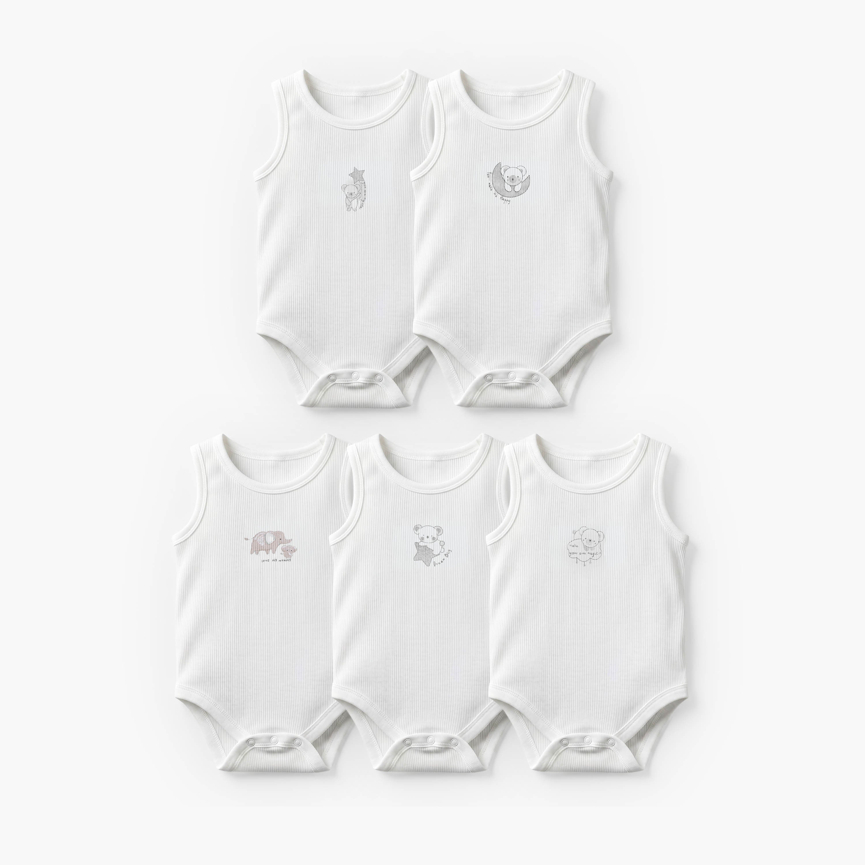 Pack of 5 Juniors Crew Neck Sleeveless Bodysuit with Print - White / 18-24 mths