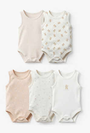 Pack of 5 Juniors Crew Neck Sleeveless Bodysuit with Assorted Print