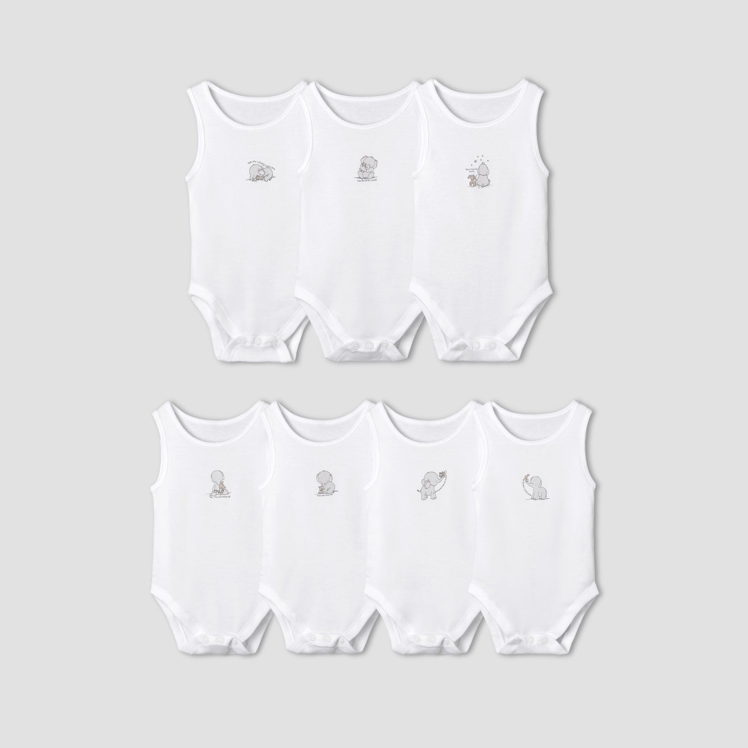 Set of 7 Juniors Round Neck Sleeveless Bodysuit with Elephant Print - White / 18-24 mths