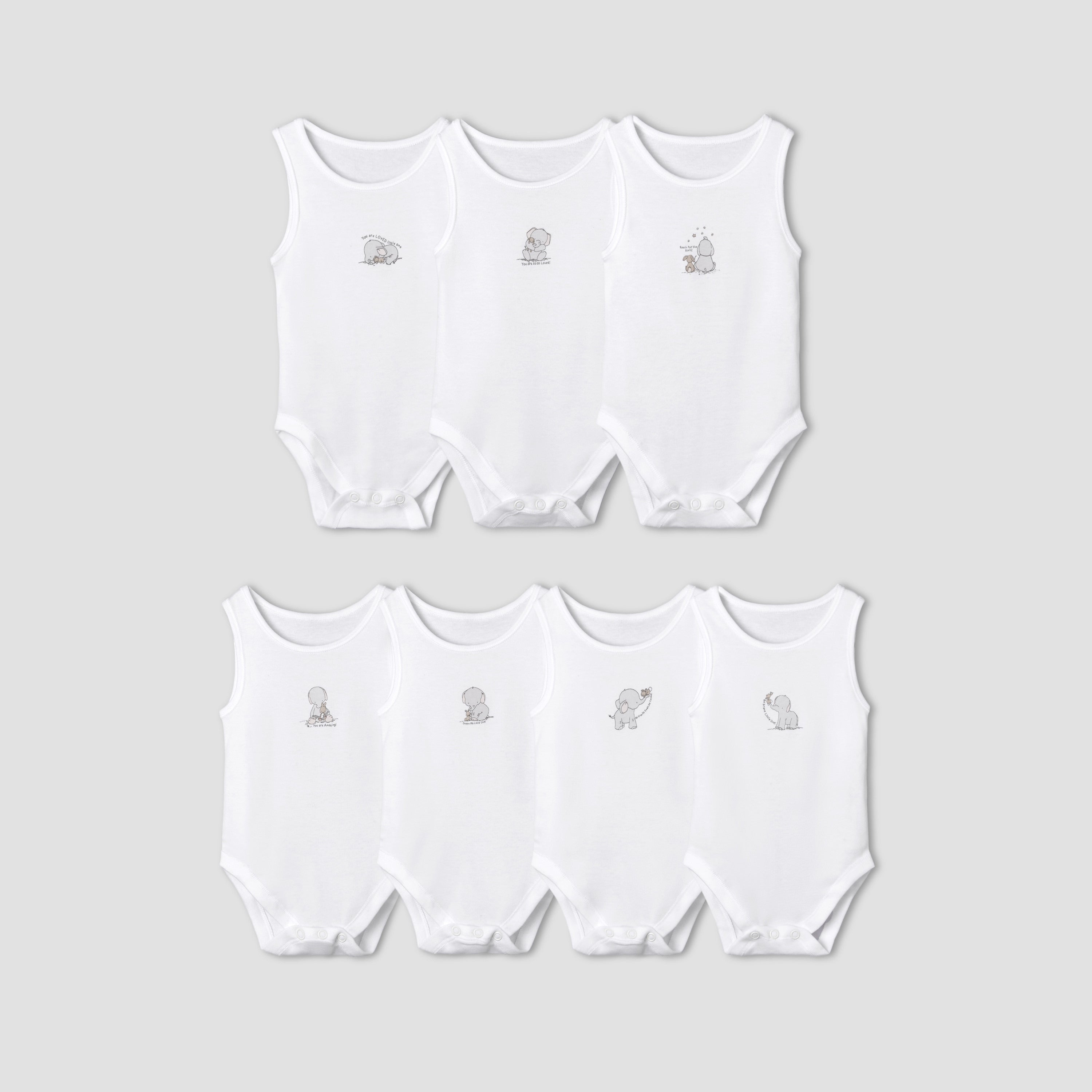Set of 7 Juniors Round Neck Sleeveless Bodysuit with Elephant Print - White / 18-24 mths