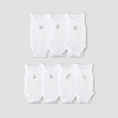 Set of 7 Juniors Round Neck Sleeveless Bodysuit with Elephant Print - White / 18-24 mths