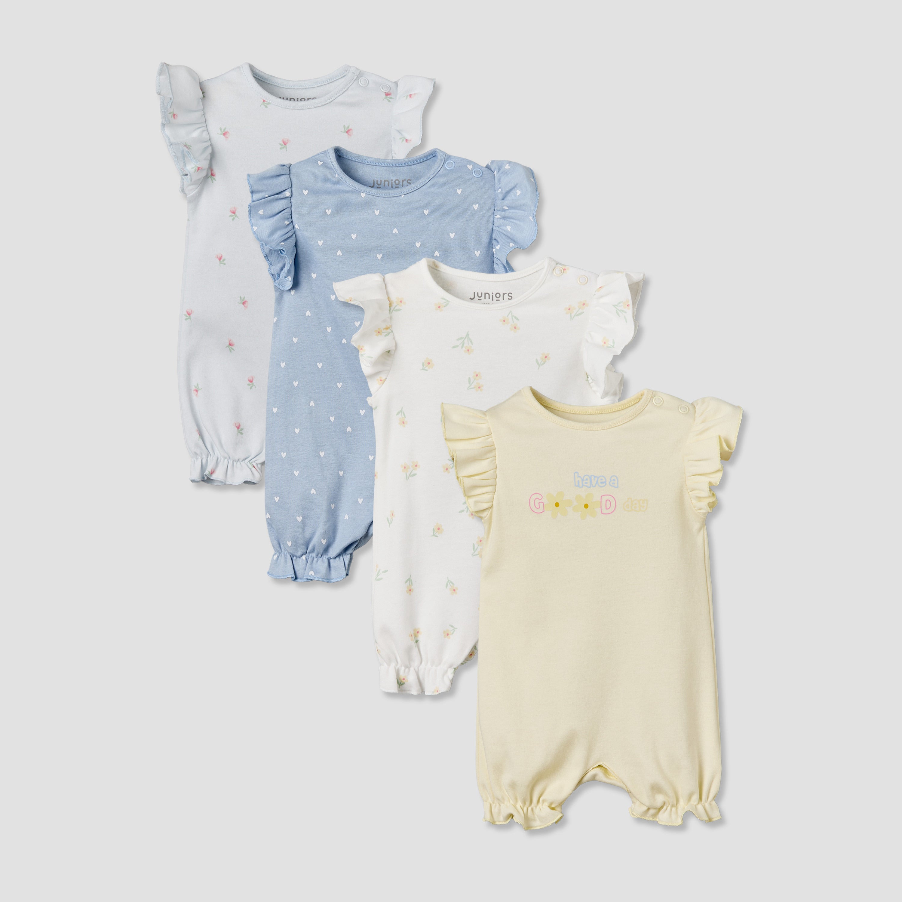 Pack of 4 Juniors Round Neck Short Sleeves Romper with Assorted Prints
