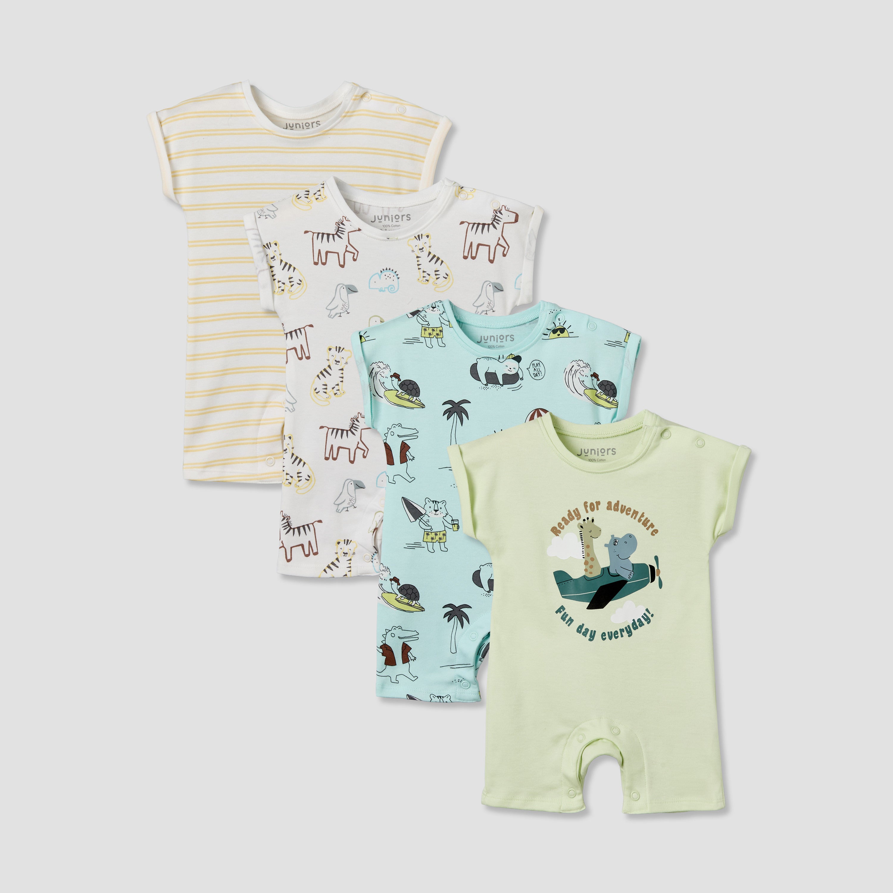 Pack of 4 Juniors Round Neck Short Sleeves Romper with Snap Button Closure