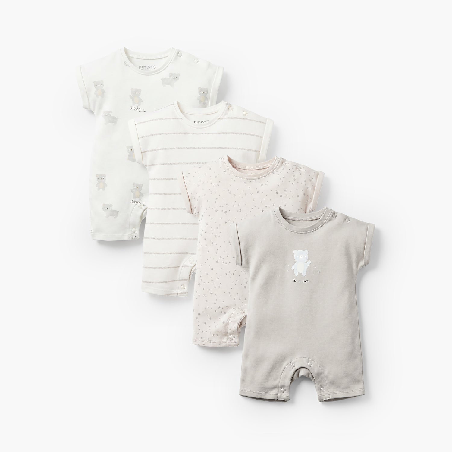 Pack of 4 Juniors Crew Neck Short Sleeve Romper with Snap Button Closure - Multicolour / 12-18 mths