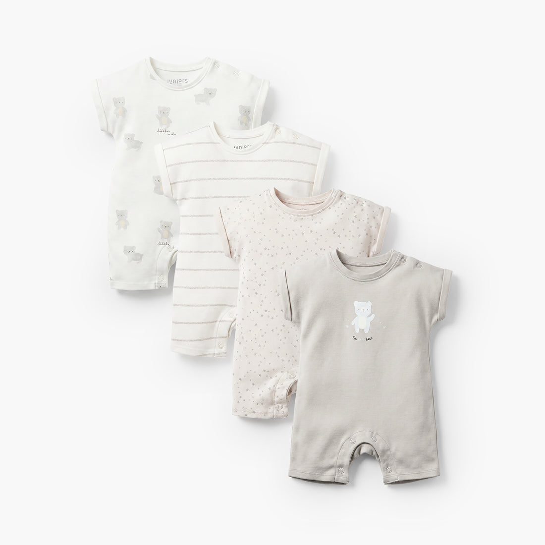 Pack of 4 Juniors Crew Neck Short Sleeve Romper with Snap Button Closure