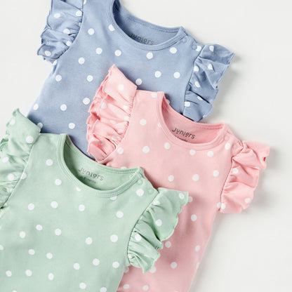Juniors Polka Dot Print Romper with Button Closure - Set of 3