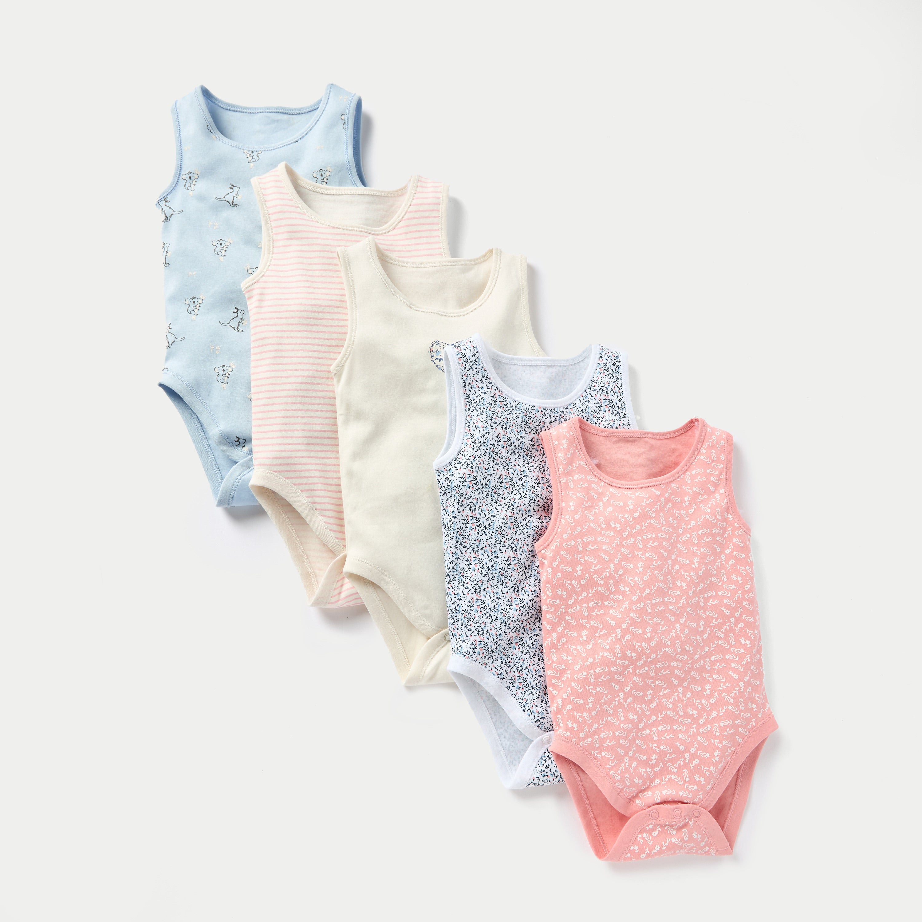 Juniors Printed Sleeveless Bodysuit with Button Closure - Set of 5 - Multicolour / 12-18 mths