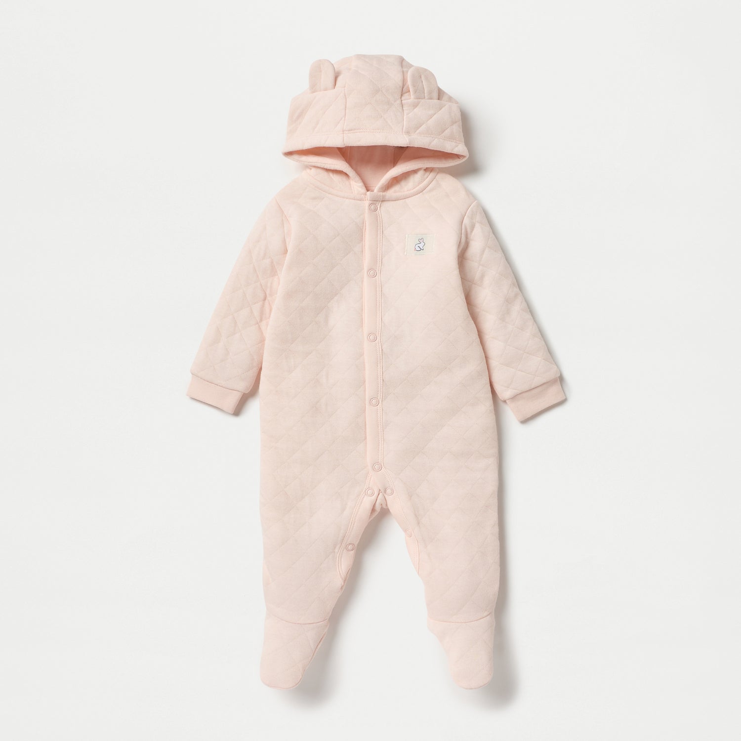 Juniors Quilted Ear Applique Closed Feet Hooded Sleepsuit with Button Closure - Pink / 9-12 mths