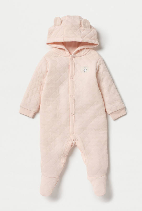 Juniors Quilted Ear Applique Closed Feet Hooded Sleepsuit with Button Closure