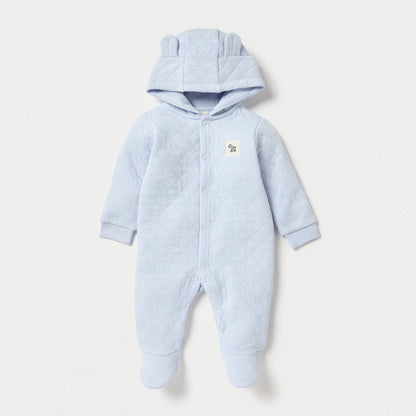 Juniors Quilted Hooded Sleepsuit with Long Sleeves and Button Closure - Blue / 9-12 mths