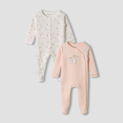 Juniors Round Neck Closed Foot Sleepsuit with Bunny Print - Cotton - Long Sleeves - Set of 2 - Pink / 9-12 mths