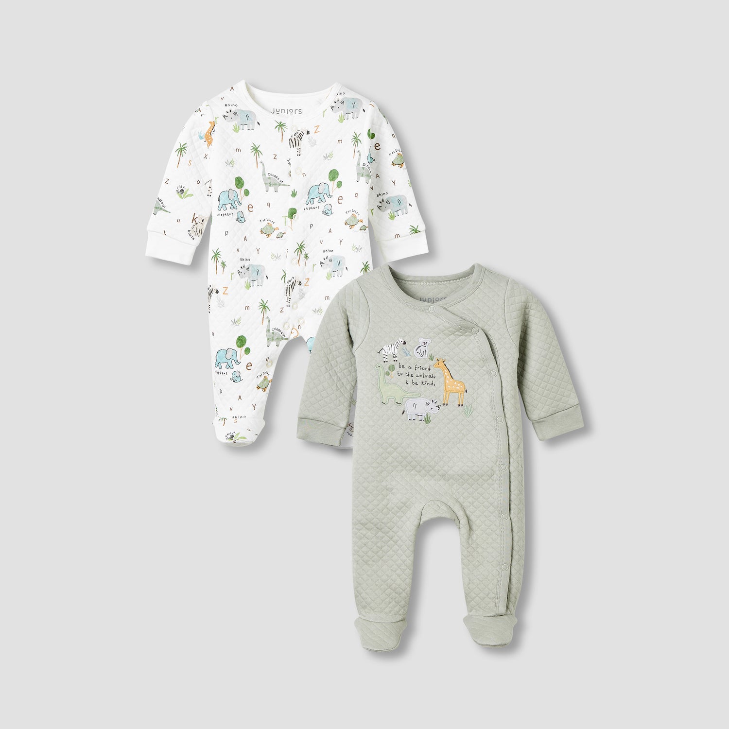 Juniors Round Neck Closed Foot Sleepsuit with Safari Print - Cotton - Long Sleeves - Set of 2 - Green / 9-12 mths