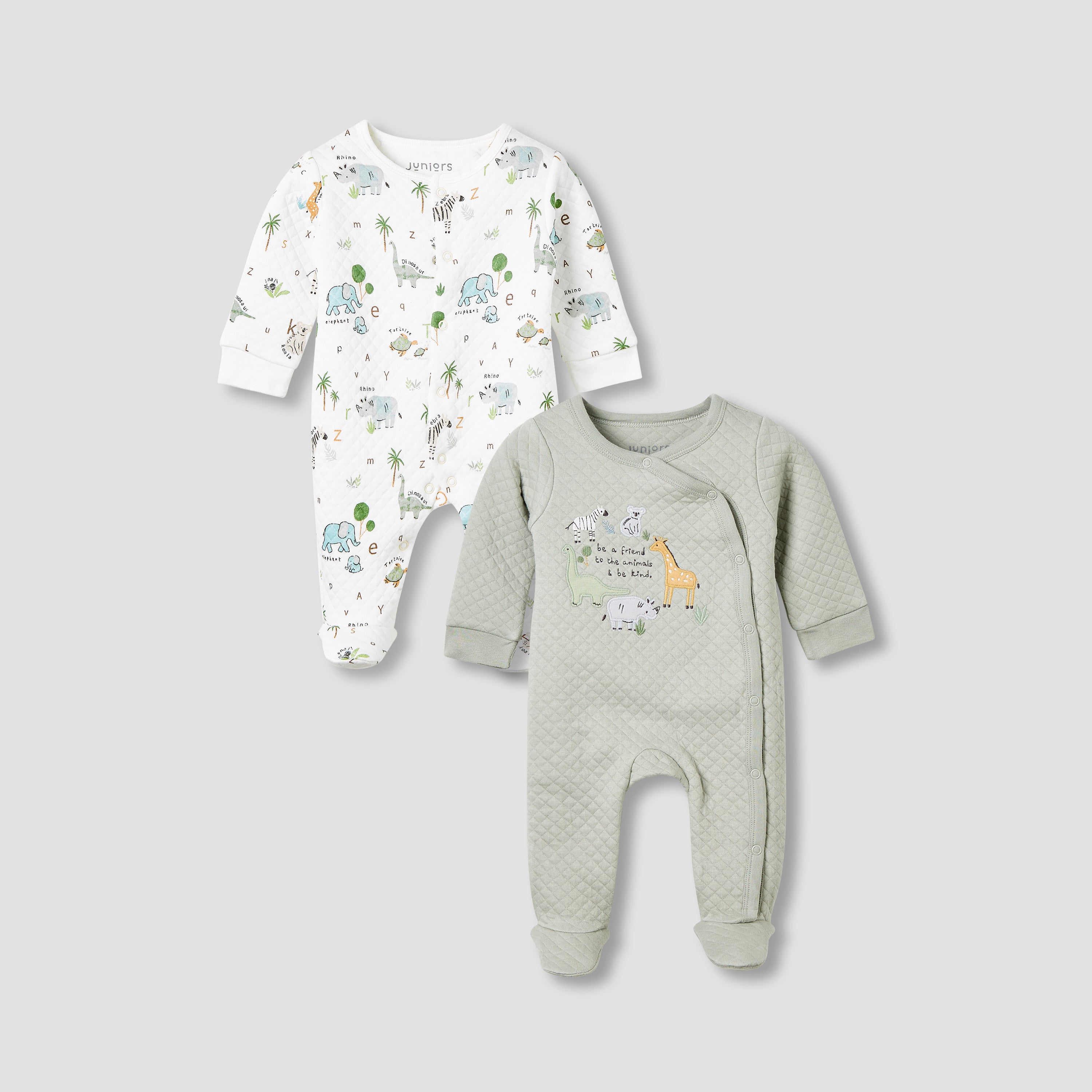 Juniors Round Neck Closed Foot Sleepsuit with Safari Print - Cotton - Long Sleeves - Set of 2 - Green / 9-12 mths