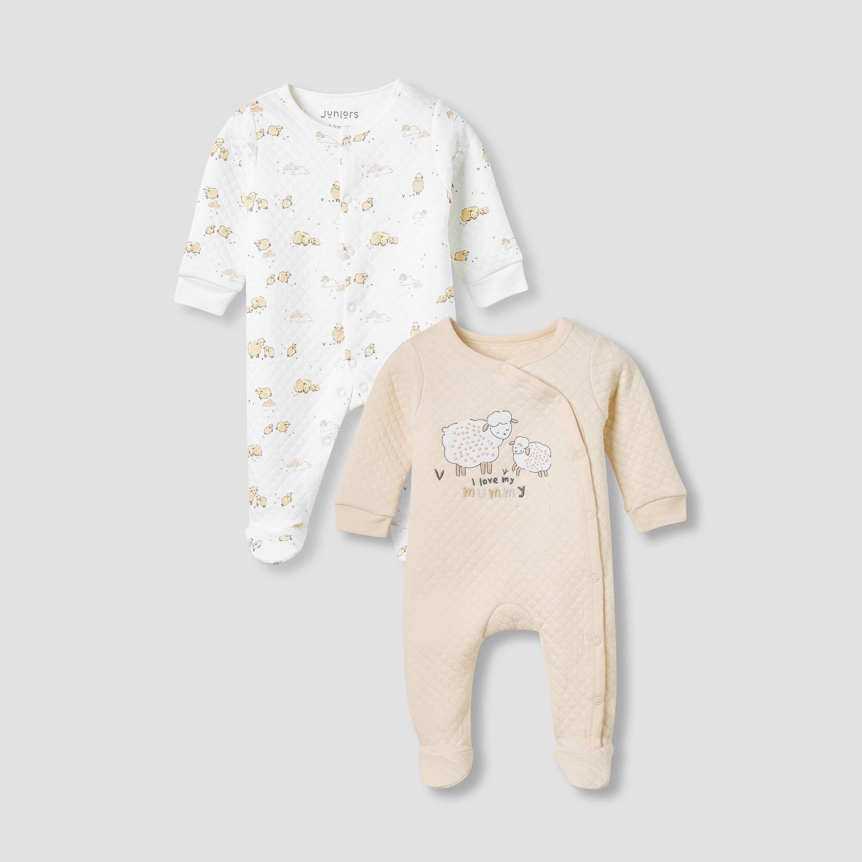 Juniors Round Neck Sleepsuit with Sheep Print - Cotton - Long Sleeves - Set of 2 - Multicolour / 9-12 mths