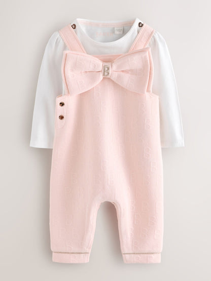 Baker by Ted Baker Pink Jacquard Bow Dungarees &amp; T-Shirt Set - Pink Jacquard Bow Dungarees &amp; / Up To 3 Months (50 - 62cm)