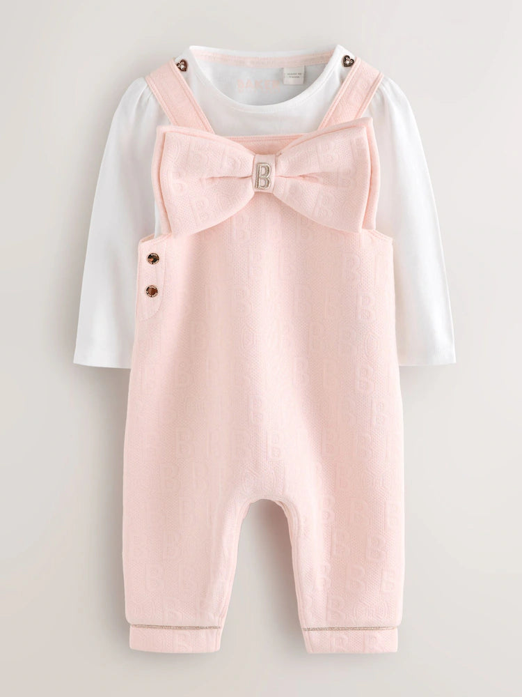 Baker by Ted Baker Pink Jacquard Bow Dungarees &amp; T-Shirt Set