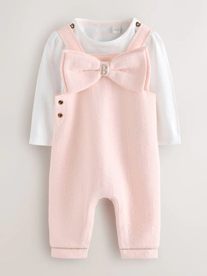 Baker by Ted Baker Pink Jacquard Bow Dungarees &amp; T-Shirt Set
