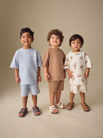 Neutral/Blue/White Cactus Short Sleeve T-Shirt and Shorts Set 3 Pack (3mths-7yrs) - Neutral/Blue/White Cactus / 12-18 Months (80-86cm)
