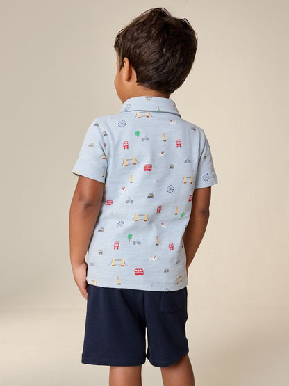 Blue All Over Printed London Short Sleeve Polo Shirt and Shorts Set (3mths-7yrs)