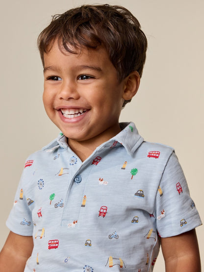 Blue All Over Printed London Short Sleeve Polo Shirt and Shorts Set (3mths-7yrs)