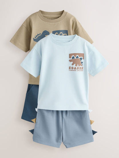 Blue/Brown Dinosaur Spikes Short Sleeve T-Shirt and Shorts Set 2 Pack (3mths-7yrs) - Size 3-6 Months (62-68cm)
