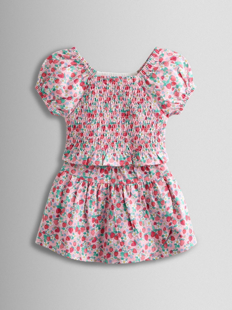 JoJo Maman Bébé Pink Smocked Cap Sleeve Top & Skort Set - Pink / 7 - 8 Years (122 - 128cm)