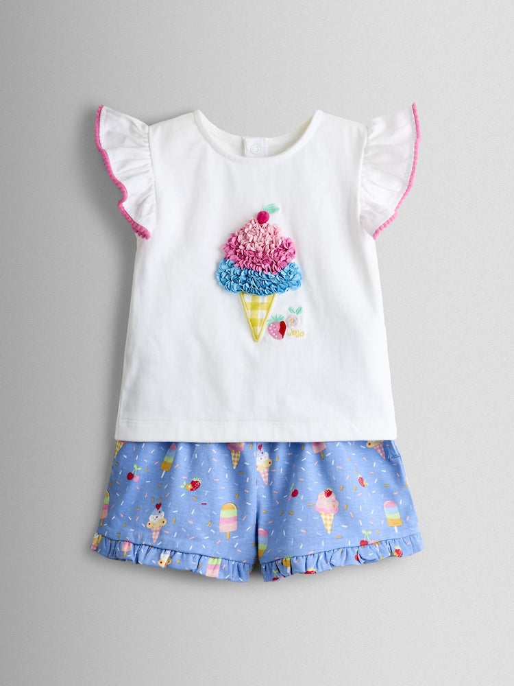 JoJo Maman Bébé Cobalt Blue Ice Cream Frill Sleeve Top &amp; Short Set - 12-18 Months (80-86cm)