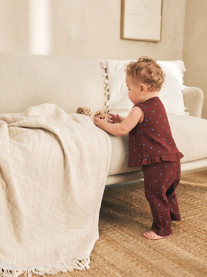 Chocolate Brown And Blue Spot Rib Baby Top And Wide Leg Trousers Set 2 Piece (0mths-2yrs) - Size 50cm (First Size)