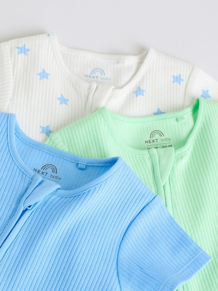 Blue Two Way Zip Baby Rompers 3 Pack (0mths-3yrs)