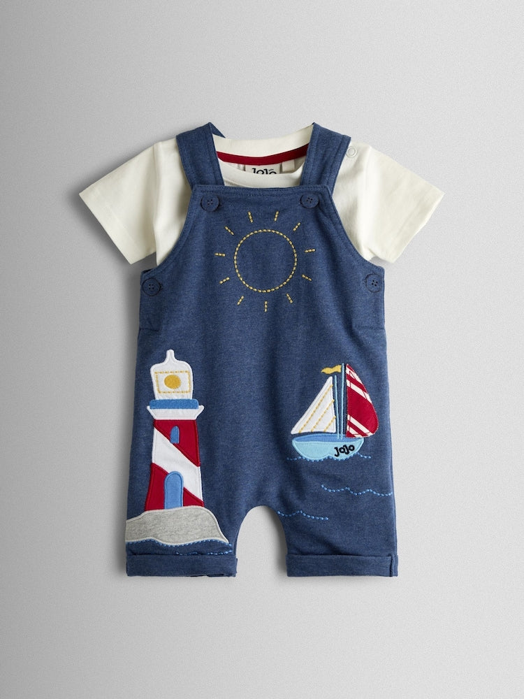 JoJo Maman Bébé Blue Boat 2-Piece Appliqué Dungarees &amp; T-Shirt Set - Up To 3 Months (50 - 62cm)