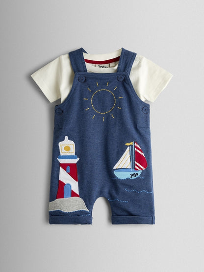 JoJo Maman Bébé Blue Boat 2-Piece Appliqué Dungarees &amp; T-Shirt Set - Up To 3 Months (50 - 62cm)