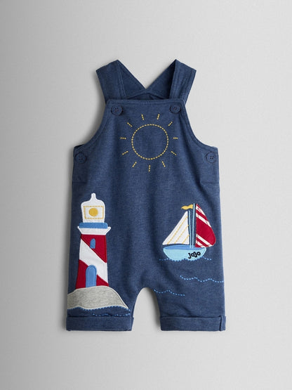 JoJo Maman Bébé Blue Boat 2-Piece Appliqué Dungarees &amp; T-Shirt Set