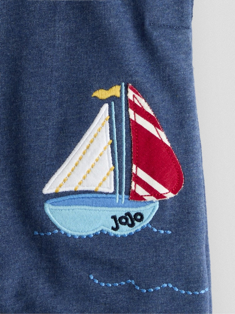 JoJo Maman Bébé Blue Boat 2-Piece Appliqué Dungarees &amp; T-Shirt Set
