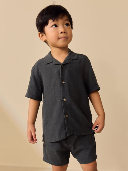 Charcoal Grey Short Sleeve Revere Collar Shirt &amp; Shorts Set (3mths-10yrs) - Charcoal Grey / 12-18 Months (80-86cm)