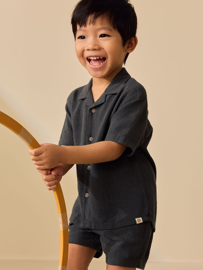 Charcoal Grey Short Sleeve Revere Collar Shirt &amp; Shorts Set (3mths-10yrs)