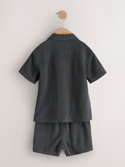 Charcoal Grey Short Sleeve Revere Collar Shirt &amp; Shorts Set (3mths-10yrs)